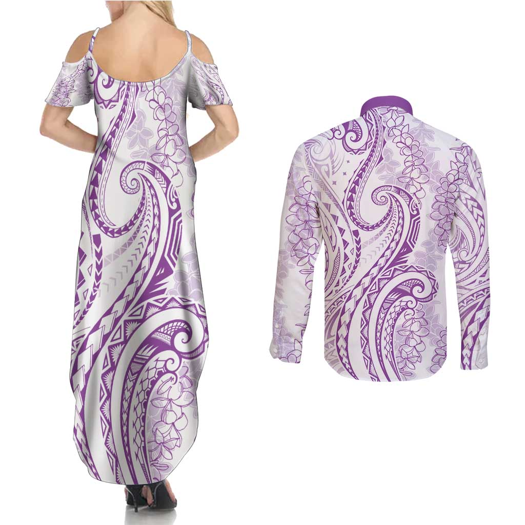 Polynesia Plumeria Lei Couples Matching Summer Maxi Dress and Long Sleeve Button Shirt White Violet Curves Motif