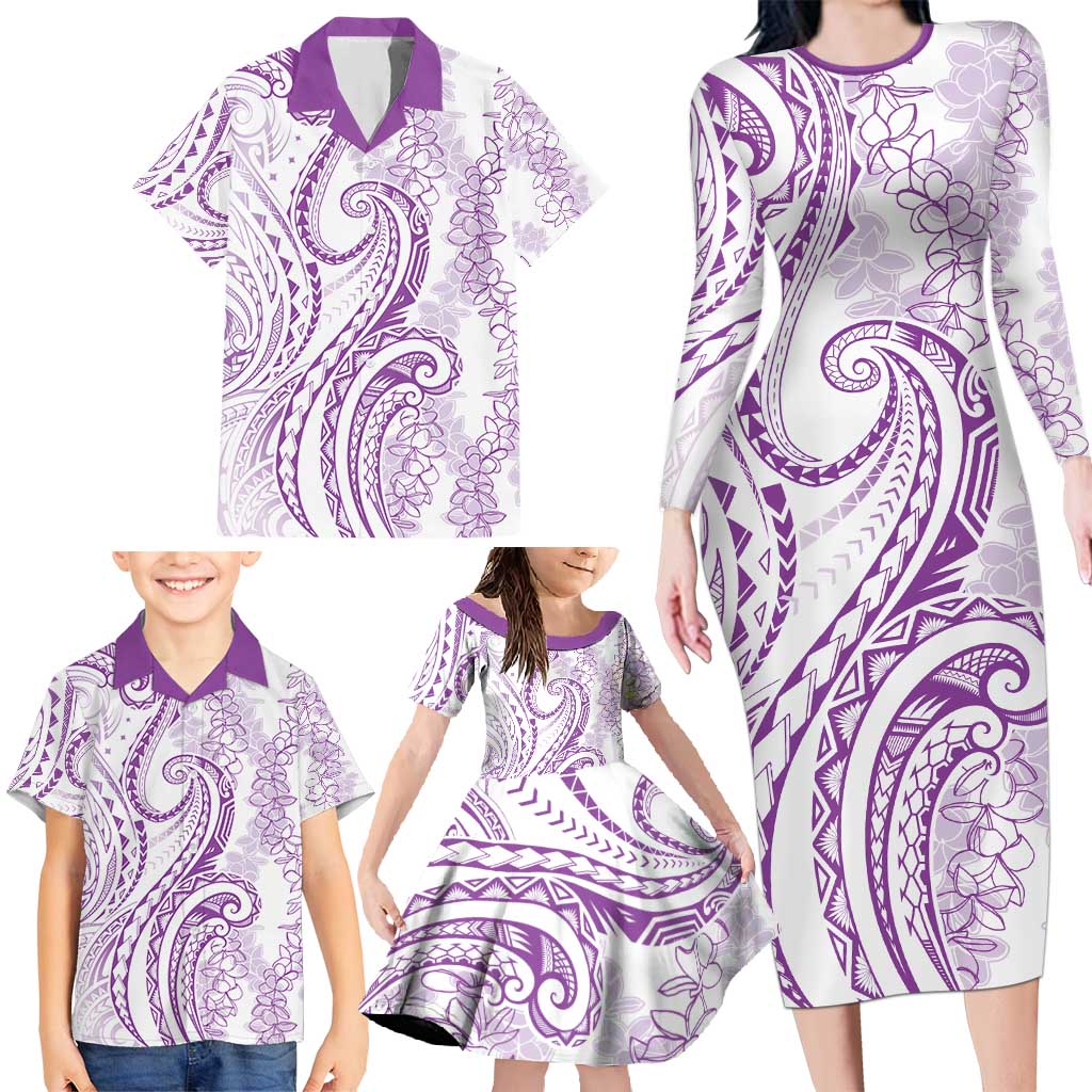 Polynesia Plumeria Lei Family Matching Long Sleeve Bodycon Dress and Hawaiian Shirt White Violet Curves Motif
