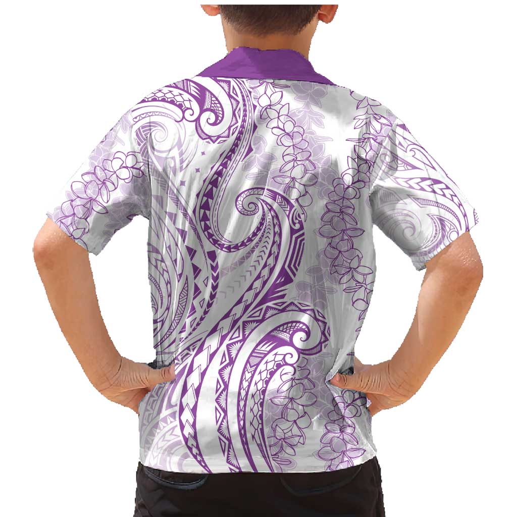 Polynesia Plumeria Lei Family Matching Mermaid Dress and Hawaiian Shirt White Violet Curves Motif
