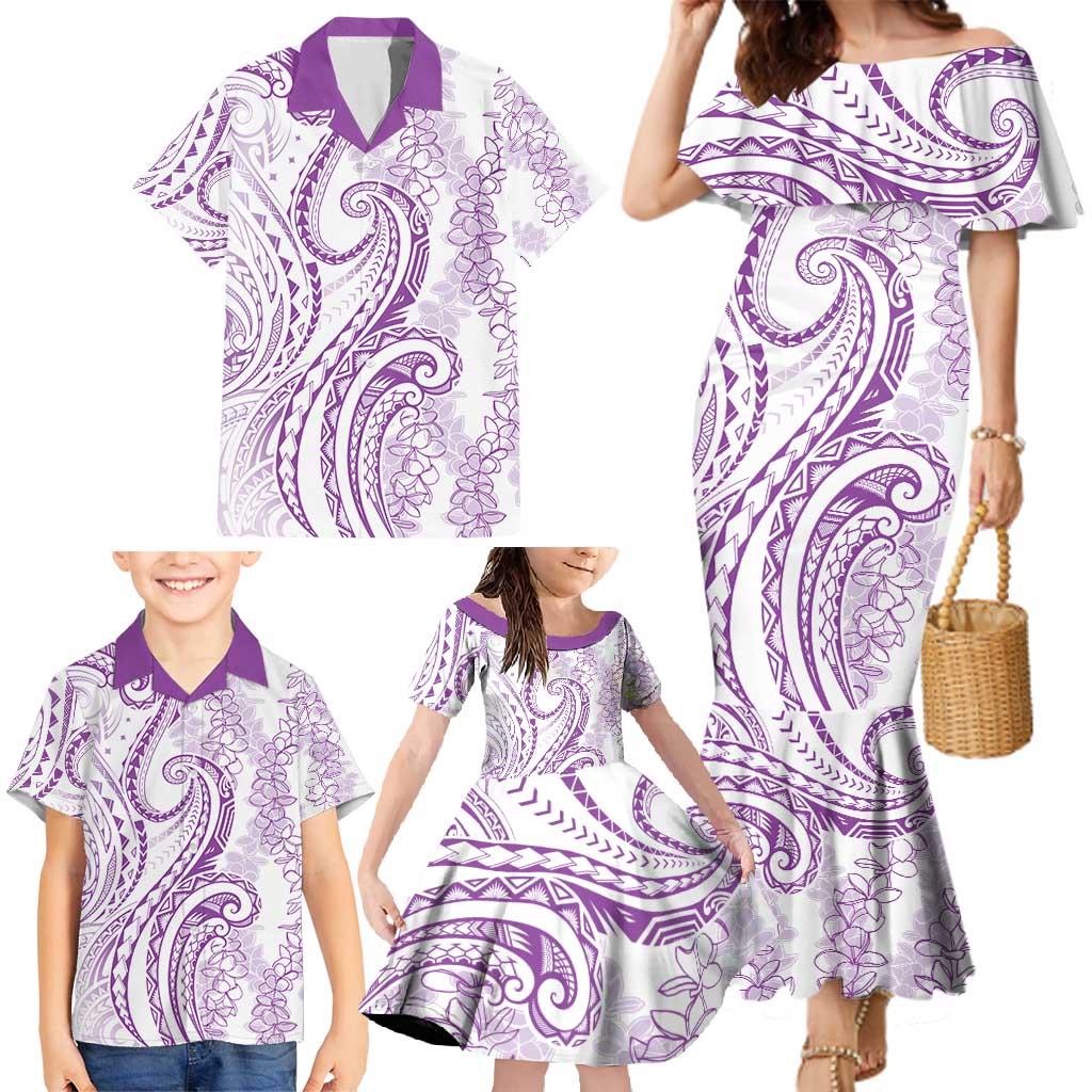 Polynesia Plumeria Lei Family Matching Mermaid Dress and Hawaiian Shirt White Violet Curves Motif
