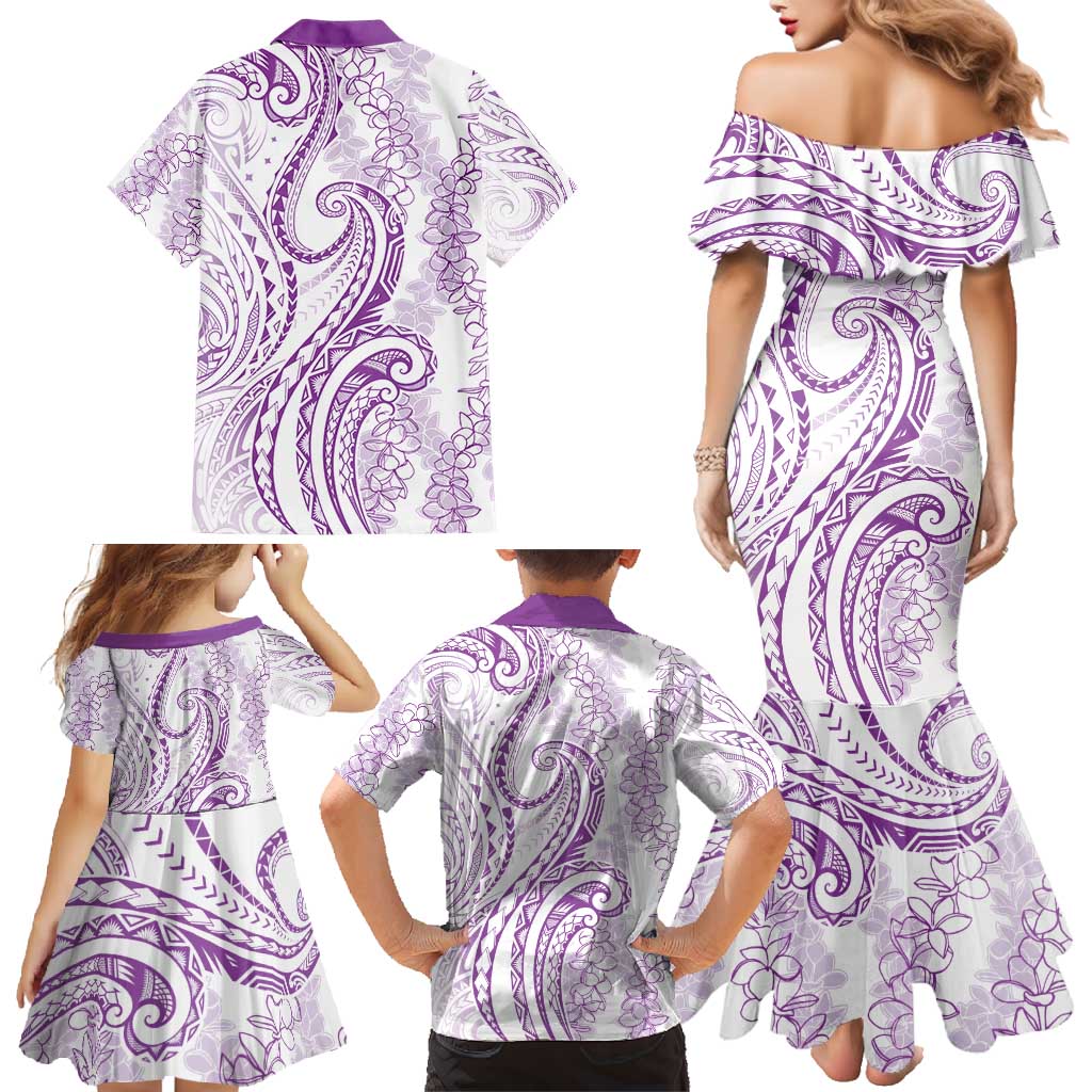Polynesia Plumeria Lei Family Matching Mermaid Dress and Hawaiian Shirt White Violet Curves Motif