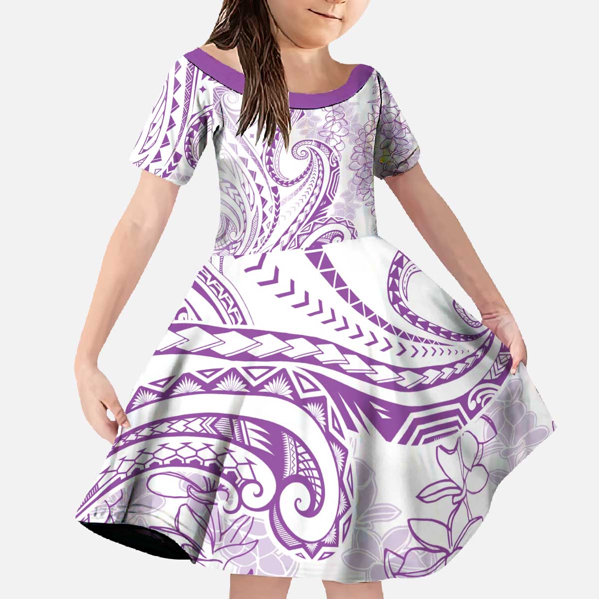 Polynesia Plumeria Lei Family Matching Off The Shoulder Long Sleeve Dress and Hawaiian Shirt White Violet Curves Motif