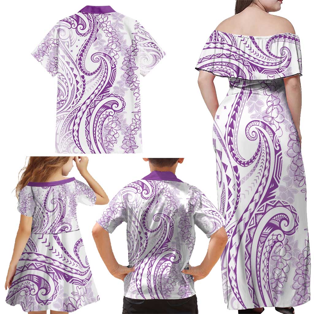 Polynesia Plumeria Lei Family Matching Off Shoulder Maxi Dress and Hawaiian Shirt White Violet Curves Motif