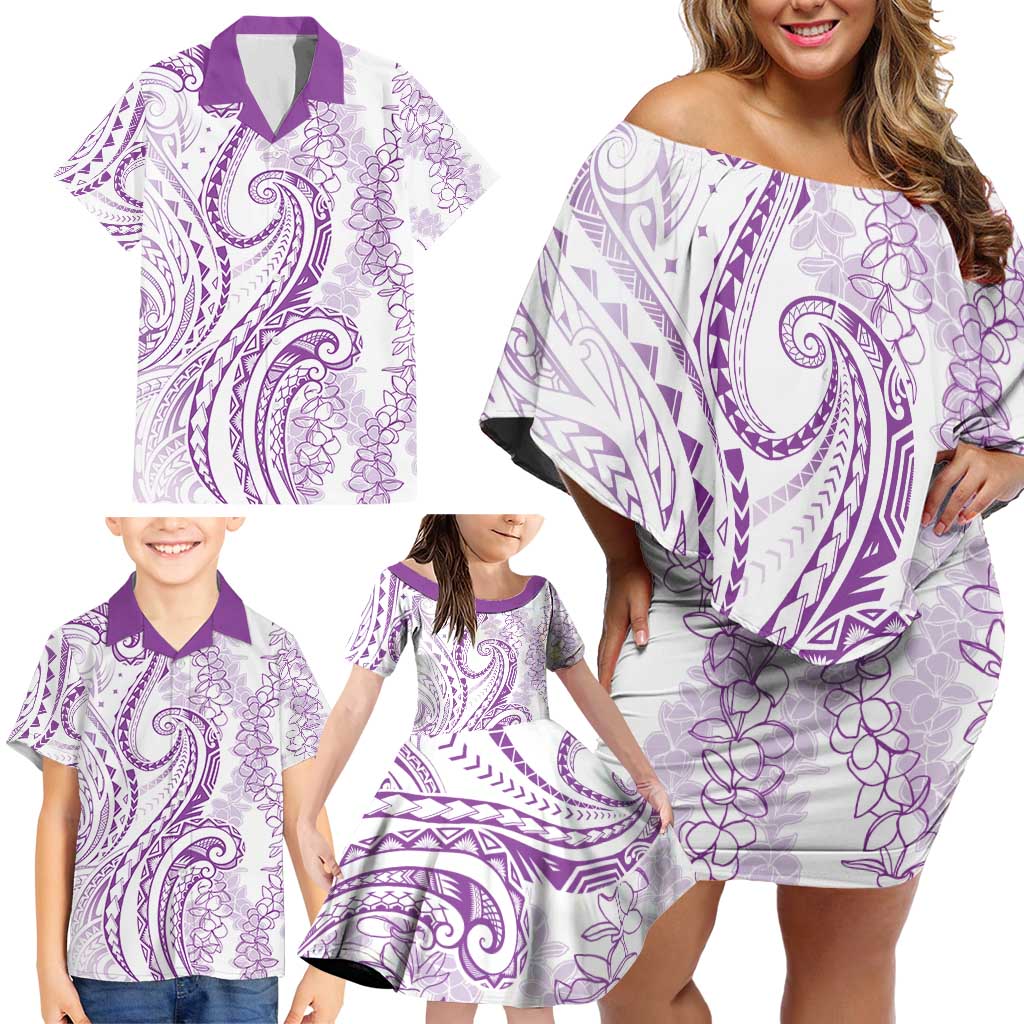 Polynesia Plumeria Lei Family Matching Off Shoulder Short Dress and Hawaiian Shirt White Violet Curves Motif