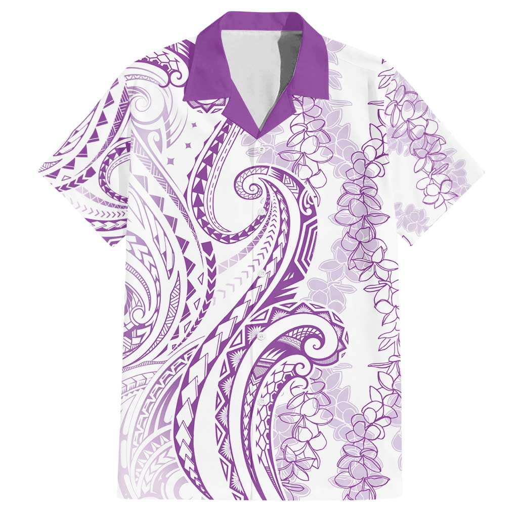 Polynesia Plumeria Lei Family Matching Puletasi and Hawaiian Shirt White Violet Curves Motif