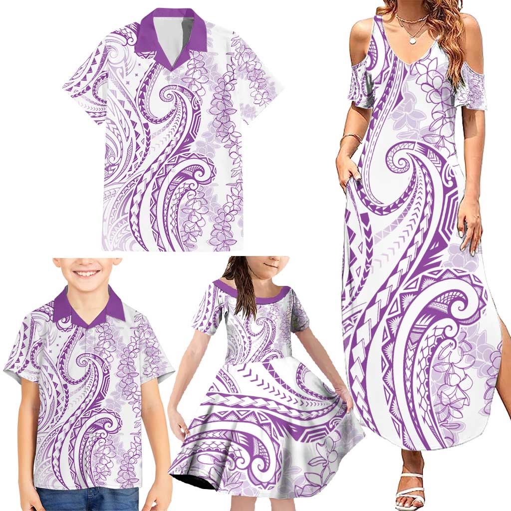 Polynesia Plumeria Lei Family Matching Summer Maxi Dress and Hawaiian Shirt White Violet Curves Motif