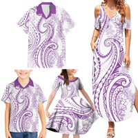 Polynesia Plumeria Lei Family Matching Summer Maxi Dress and Hawaiian Shirt White Violet Curves Motif