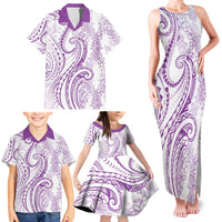 Polynesia Plumeria Lei Family Matching Tank Maxi Dress and Hawaiian Shirt White Violet Curves Motif