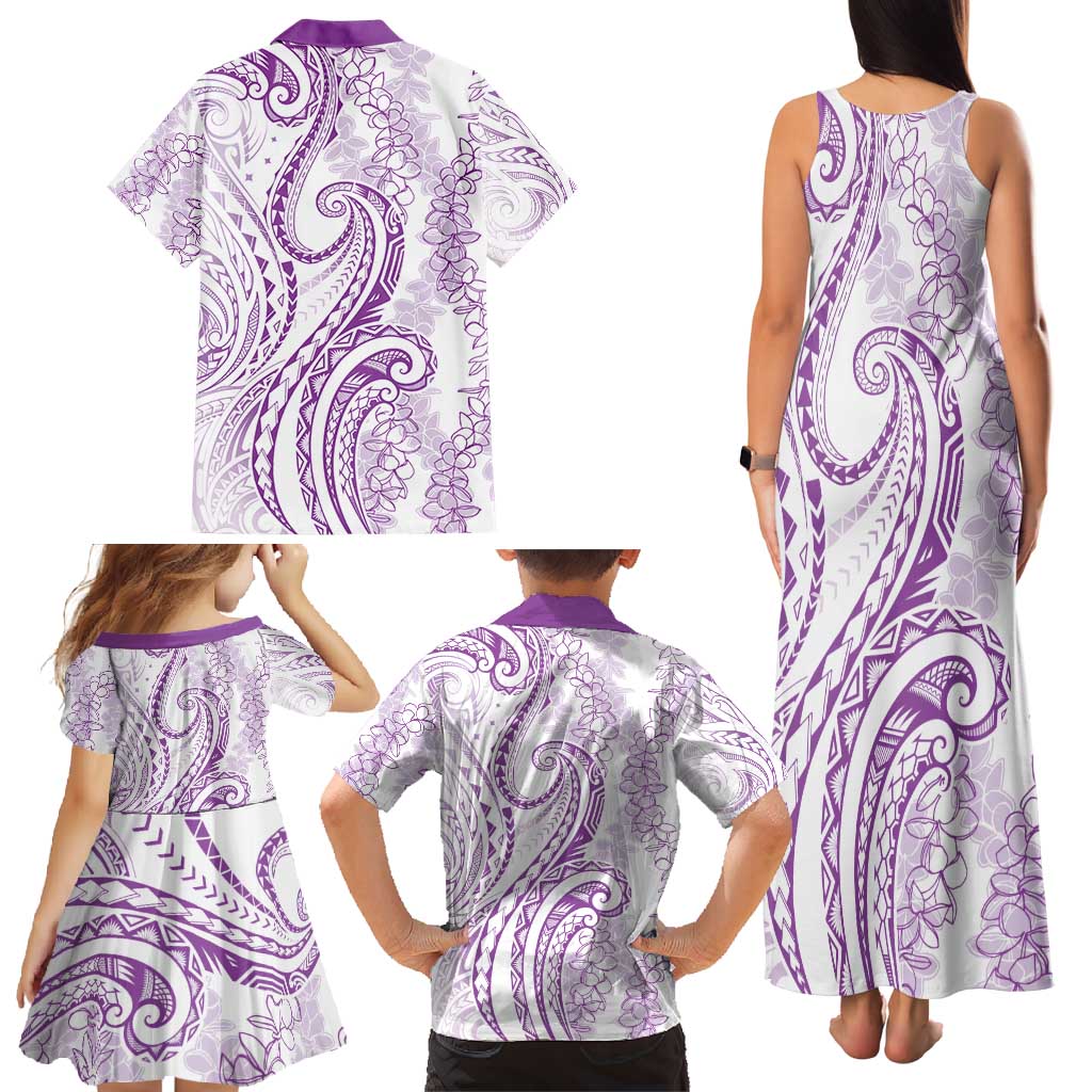 Polynesia Plumeria Lei Family Matching Tank Maxi Dress and Hawaiian Shirt White Violet Curves Motif
