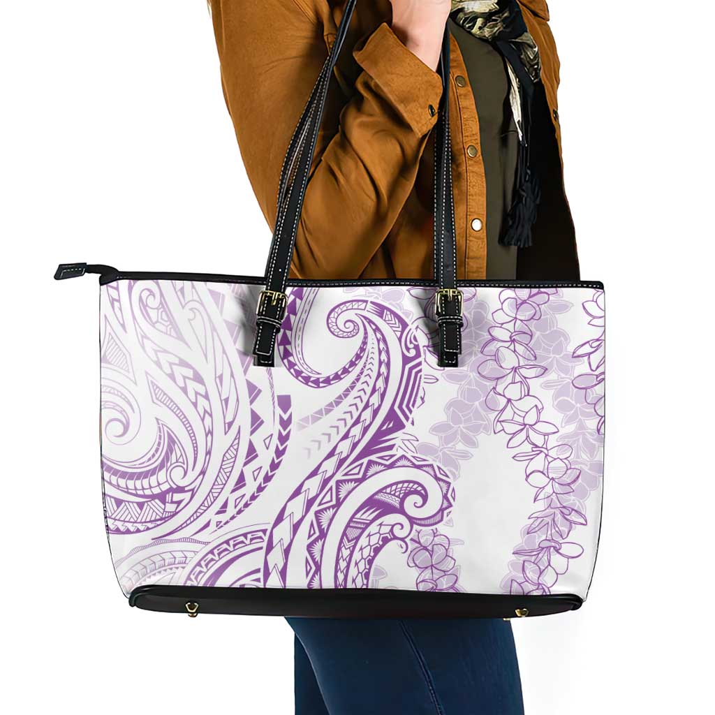 Polynesia Plumeria Lei Leather Tote Bag White Violet Curves Motif LT7 - Polynesian Pride