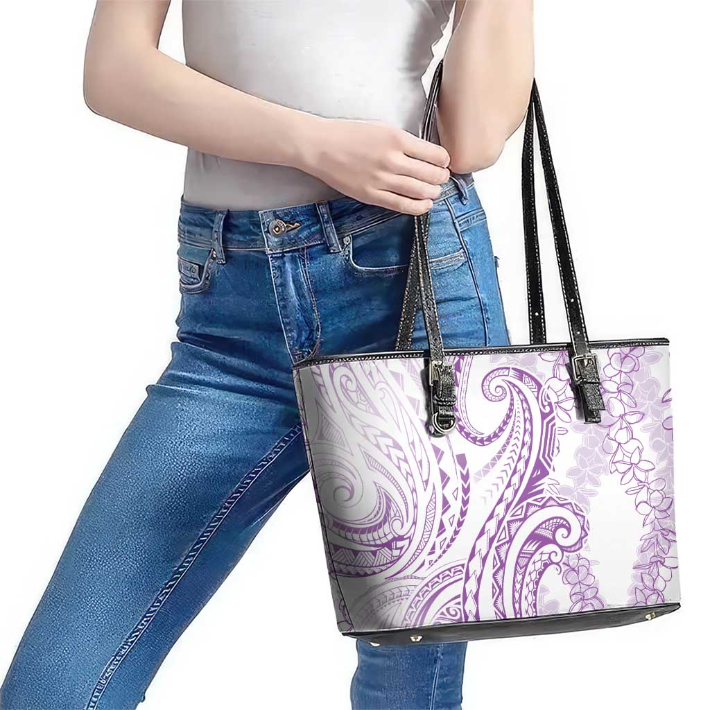 Polynesia Plumeria Lei Leather Tote Bag White Violet Curves Motif LT7 - Polynesian Pride