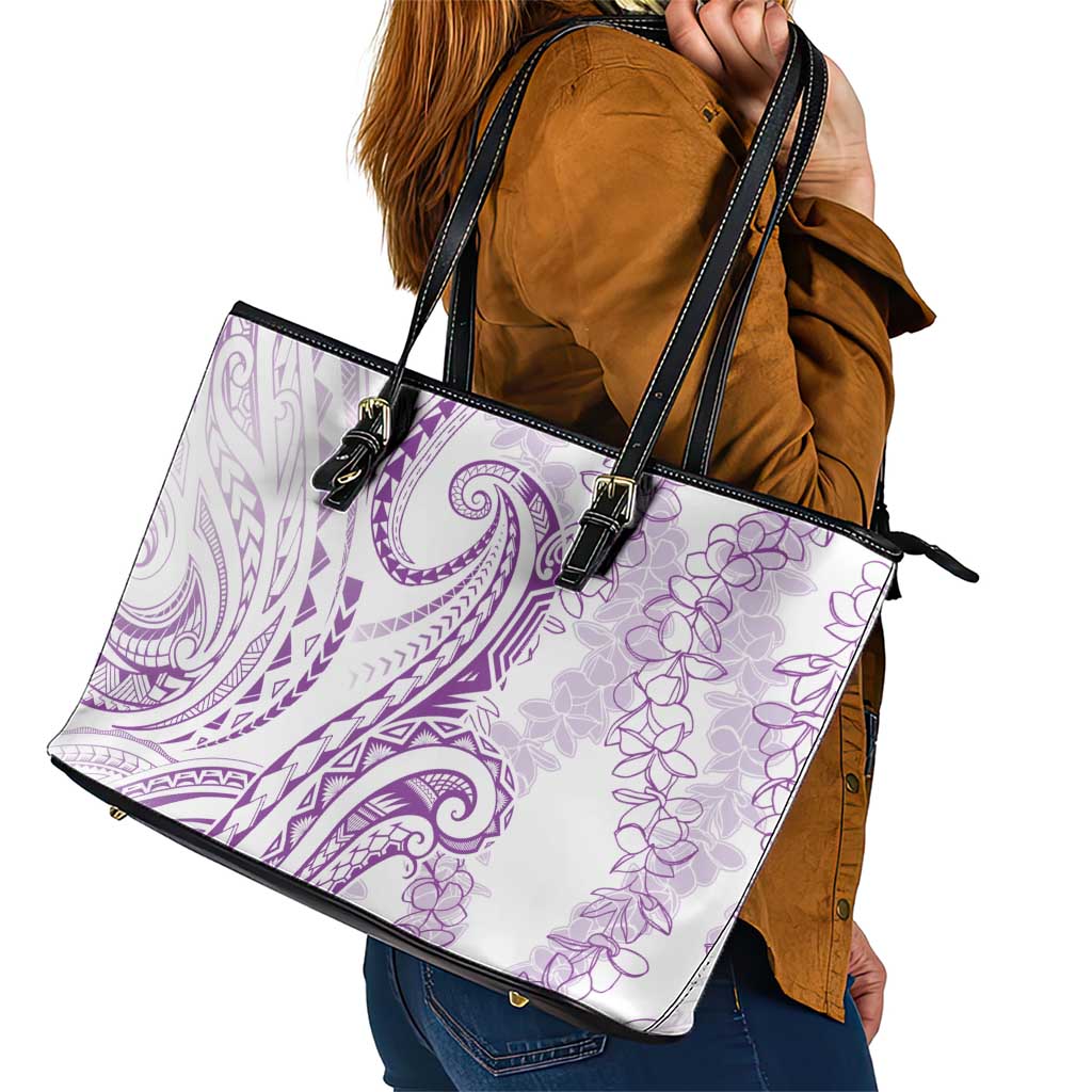 Polynesia Plumeria Lei Leather Tote Bag White Violet Curves Motif LT7 - Polynesian Pride