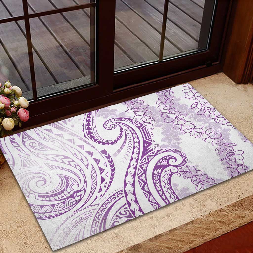 Polynesia Plumeria Lei Rubber Doormat White Violet Curves Motif