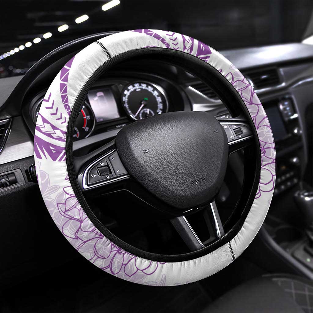 Polynesia Plumeria Lei Steering Wheel Cover White Violet Curves Motif