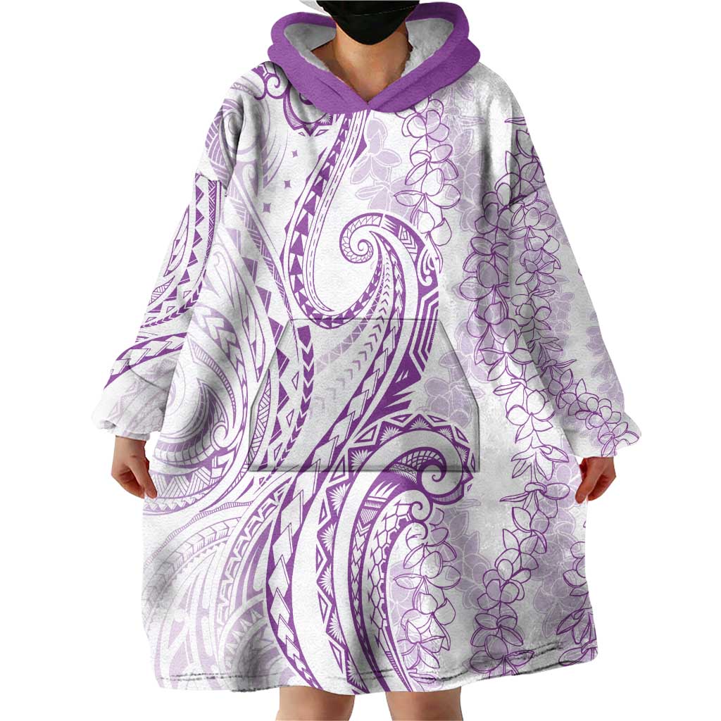 Polynesia Plumeria Lei Wearable Blanket Hoodie White Violet Curves Motif