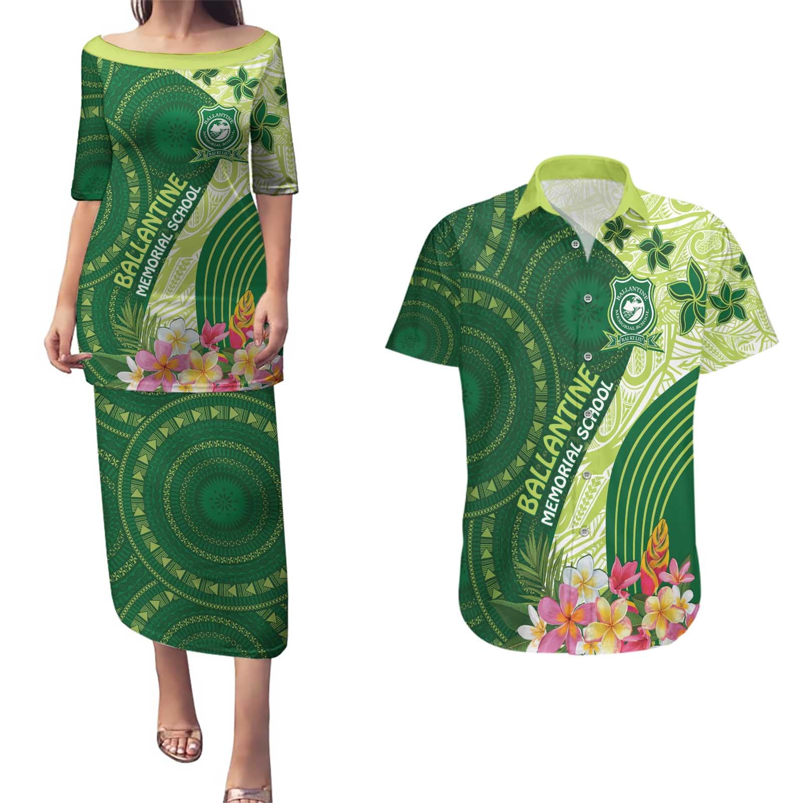 Fiji Ballantine Memorial High School Personalised Couples Matching Puletasi and Hawaiian Shirt Masi Tapa Mix Plumeria