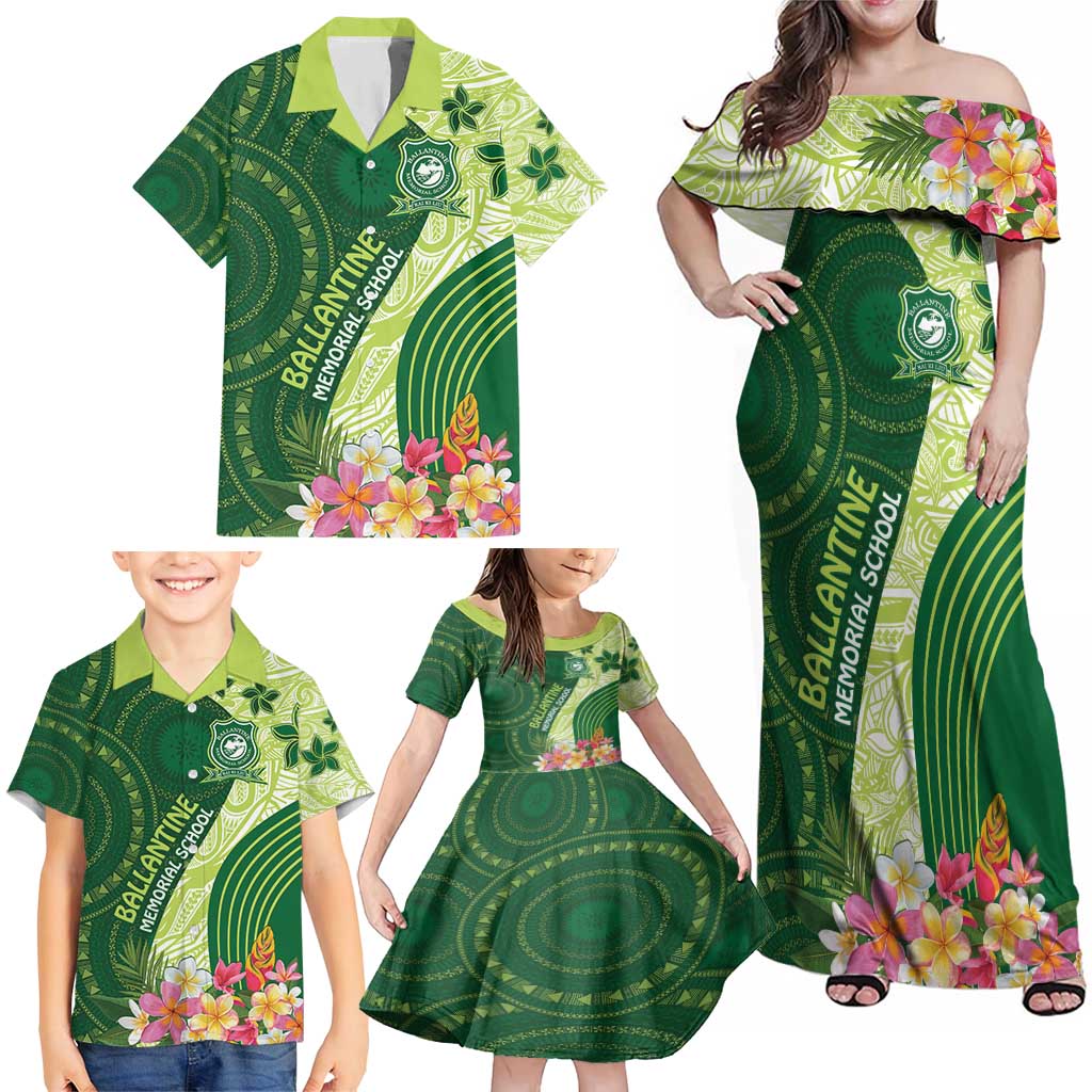 Fiji Ballantine Memorial High School Personalised Family Matching Off Shoulder Maxi Dress and Hawaiian Shirt Masi Tapa Mix Plumeria