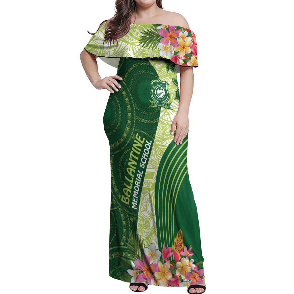 Fiji Ballantine Memorial High School Personalised Off Shoulder Maxi Dress Masi Tapa Mix Plumeria