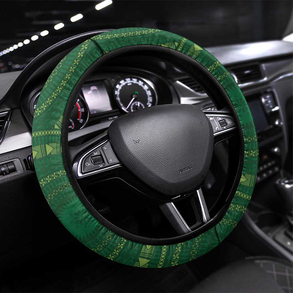 Fiji Ballantine Memorial High School Personalised Steering Wheel Cover Masi Tapa Mix Plumeria LT7 Universal Fit Green - Polynesian Pride
