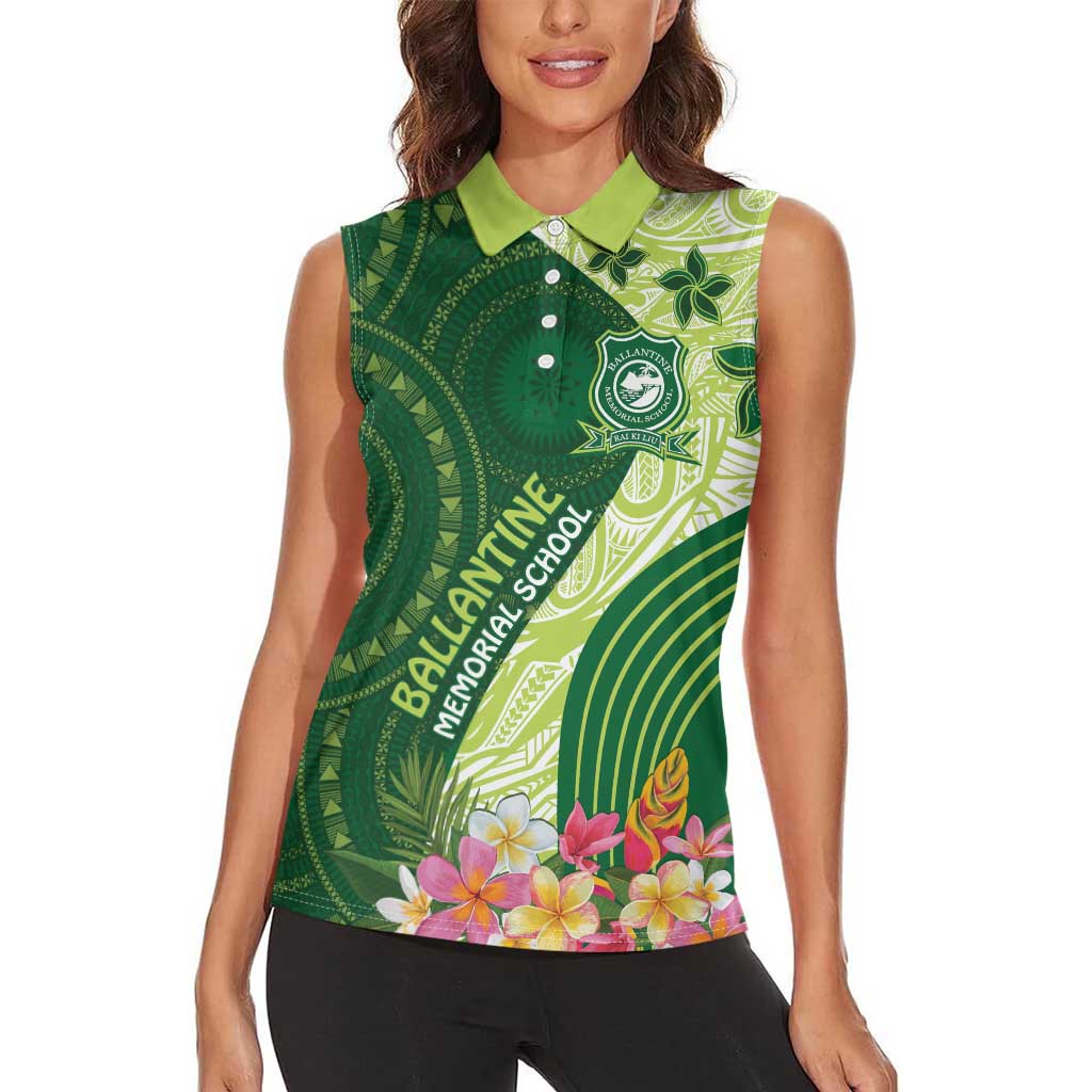 Fiji Ballantine Memorial High School Personalised Women Sleeveless Polo Shirt Masi Tapa Mix Plumeria
