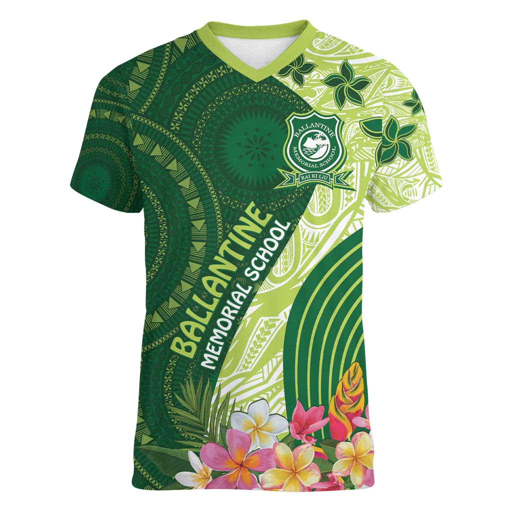 Fiji Ballantine Memorial High School Personalised Women V-Neck T-Shirt Masi Tapa Mix Plumeria