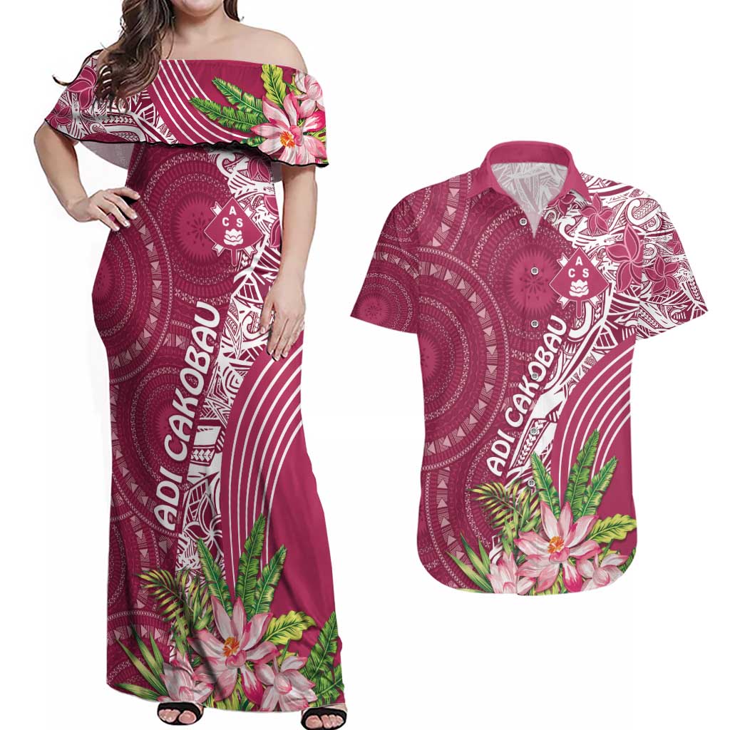 Fiji Adi Cakobau School Personalised Couples Matching Off Shoulder Maxi Dress and Hawaiian Shirt Masi Tapa Mix Plumeria