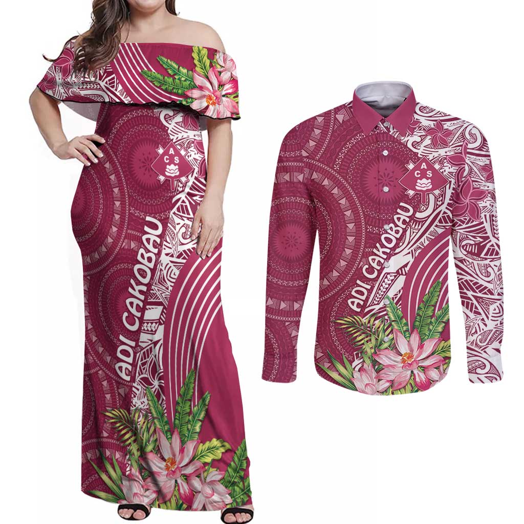 Fiji Adi Cakobau School Personalised Couples Matching Off Shoulder Maxi Dress and Long Sleeve Button Shirt Masi Tapa Mix Plumeria