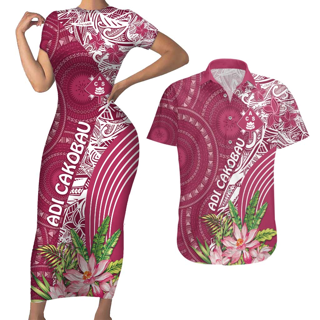 Fiji Adi Cakobau School Personalised Couples Matching Short Sleeve Bodycon Dress and Hawaiian Shirt Masi Tapa Mix Plumeria