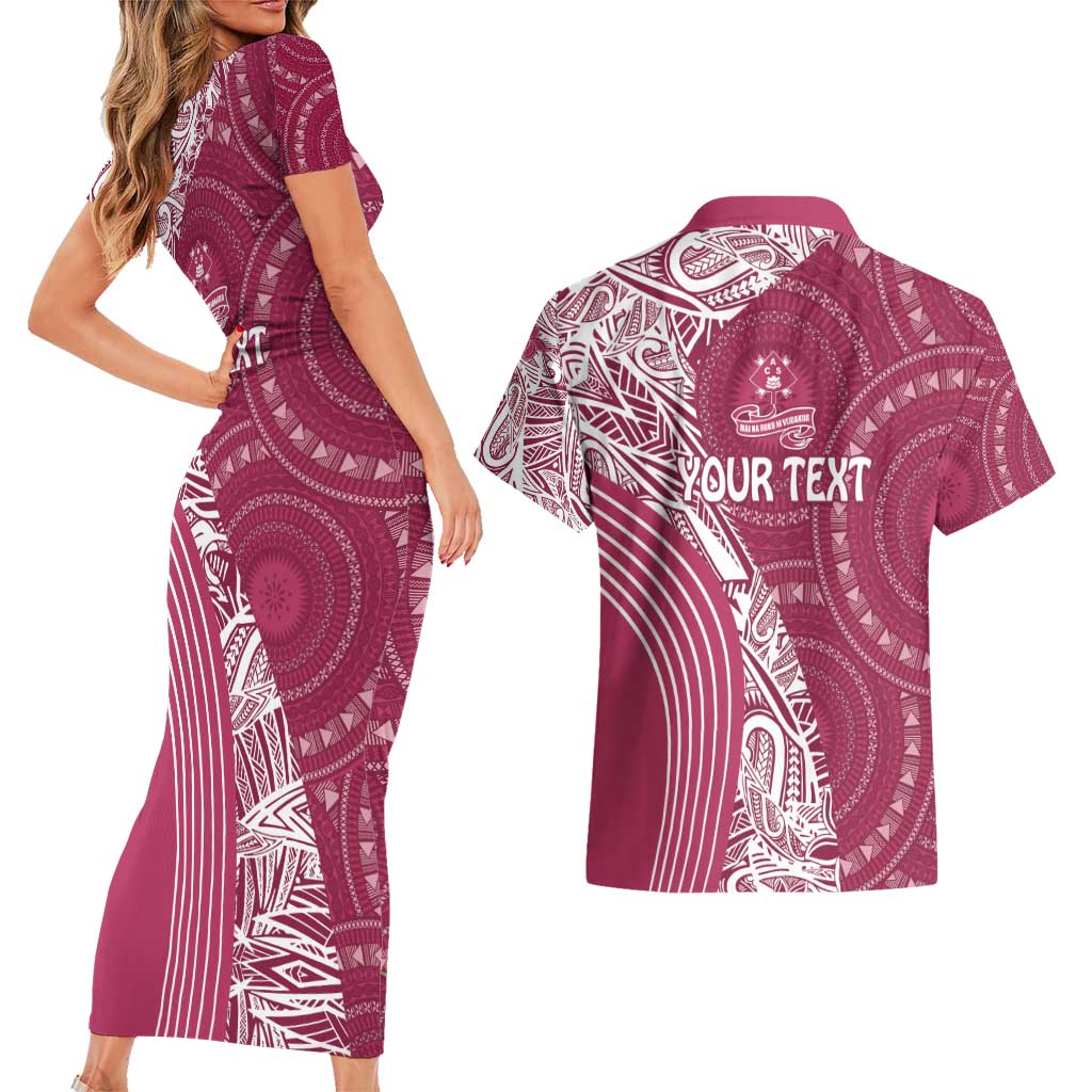 Fiji Adi Cakobau School Personalised Couples Matching Short Sleeve Bodycon Dress and Hawaiian Shirt Masi Tapa Mix Plumeria