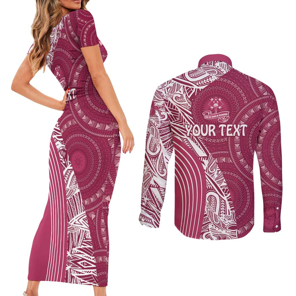 Fiji Adi Cakobau School Personalised Couples Matching Short Sleeve Bodycon Dress and Long Sleeve Button Shirt Masi Tapa Mix Plumeria