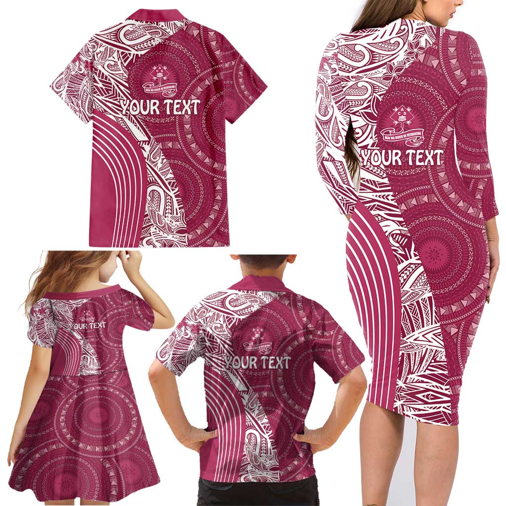 Fiji Adi Cakobau School Personalised Family Matching Long Sleeve Bodycon Dress and Hawaiian Shirt Masi Tapa Mix Plumeria