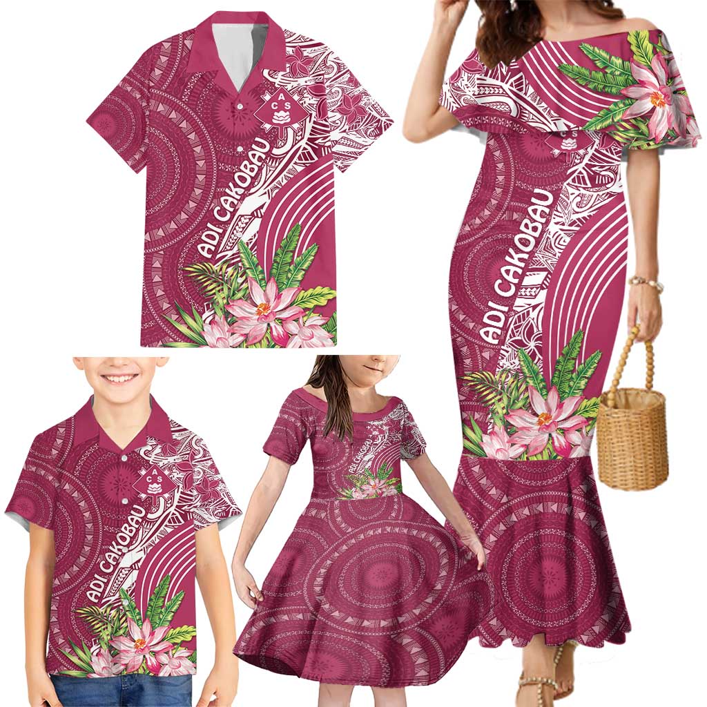 Fiji Adi Cakobau School Personalised Family Matching Mermaid Dress and Hawaiian Shirt Masi Tapa Mix Plumeria