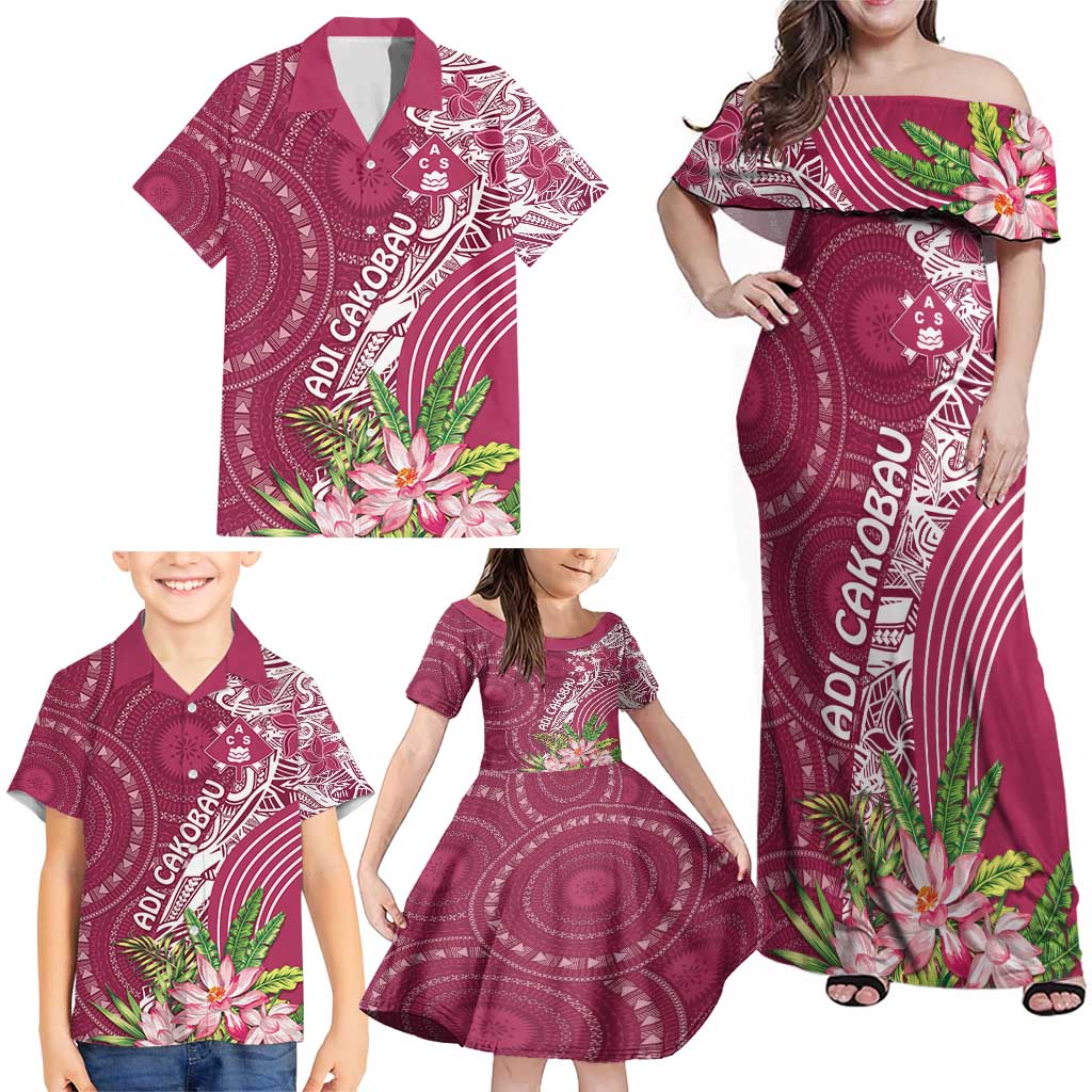 Fiji Adi Cakobau School Personalised Family Matching Off Shoulder Maxi Dress and Hawaiian Shirt Masi Tapa Mix Plumeria