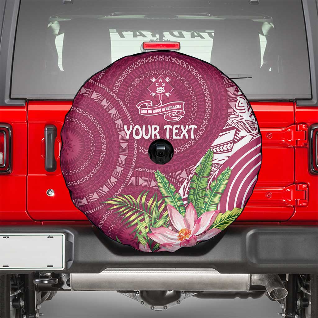 Fiji Adi Cakobau School Personalised Spare Tire Cover Masi Tapa Mix Plumeria