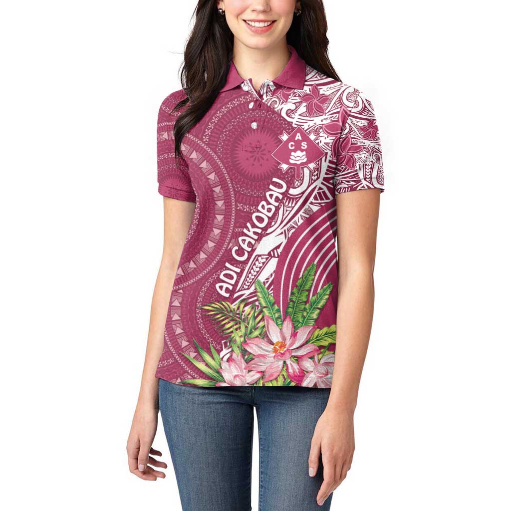 Fiji Adi Cakobau School Personalised Women Polo Shirt Masi Tapa Mix Plumeria