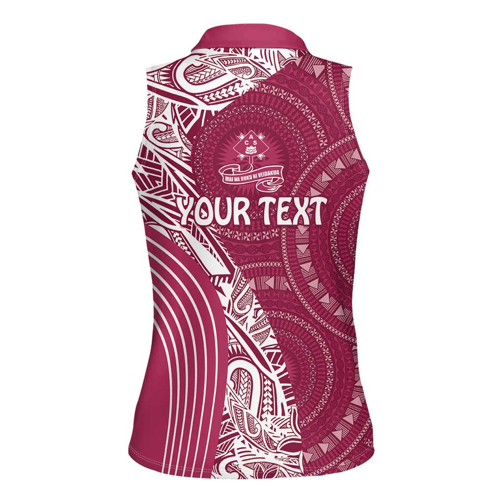 Fiji Adi Cakobau School Personalised Women Sleeveless Polo Shirt Masi Tapa Mix Plumeria