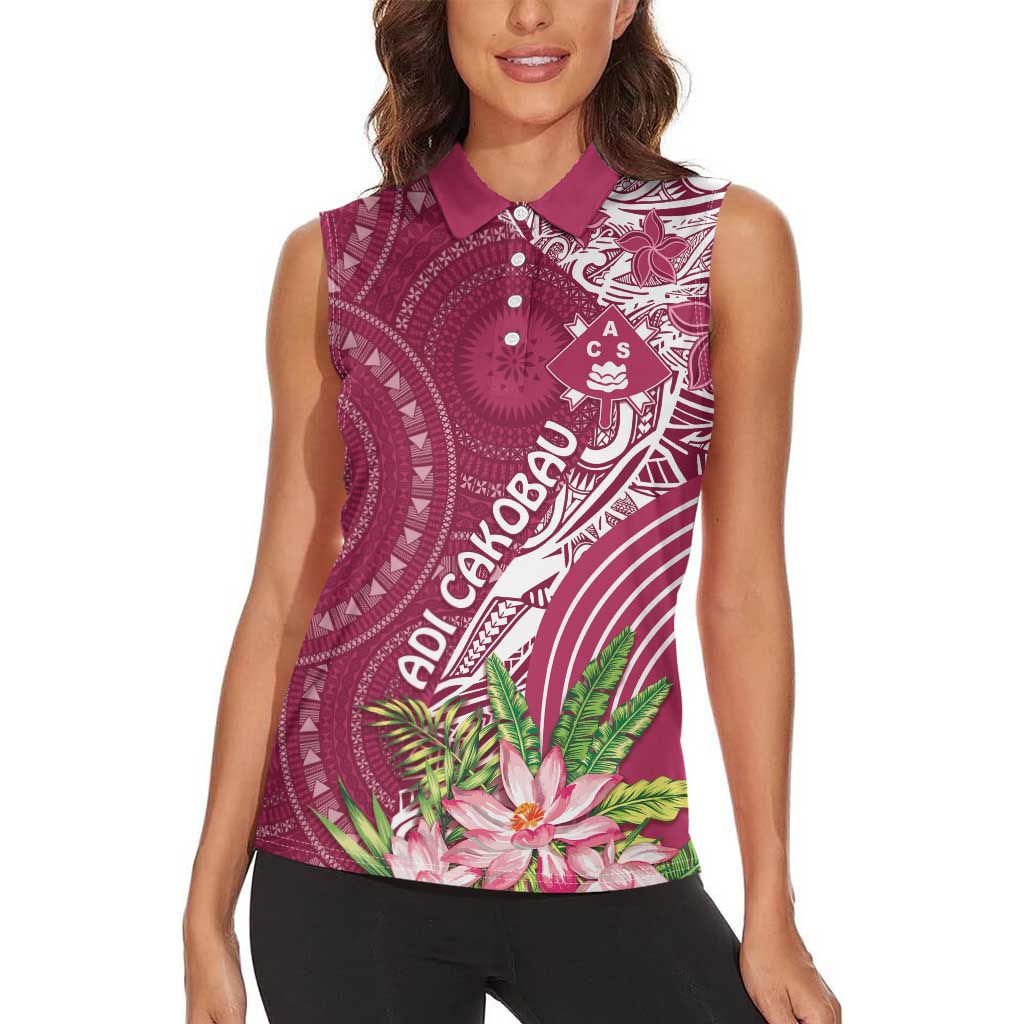 Fiji Adi Cakobau School Personalised Women Sleeveless Polo Shirt Masi Tapa Mix Plumeria