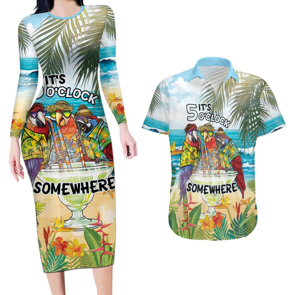 It's 5 o'clock Somewhere Couples Matching Long Sleeve Bodycon Dress and Hawaiian Shirt Beach Party - Polynesian Pride