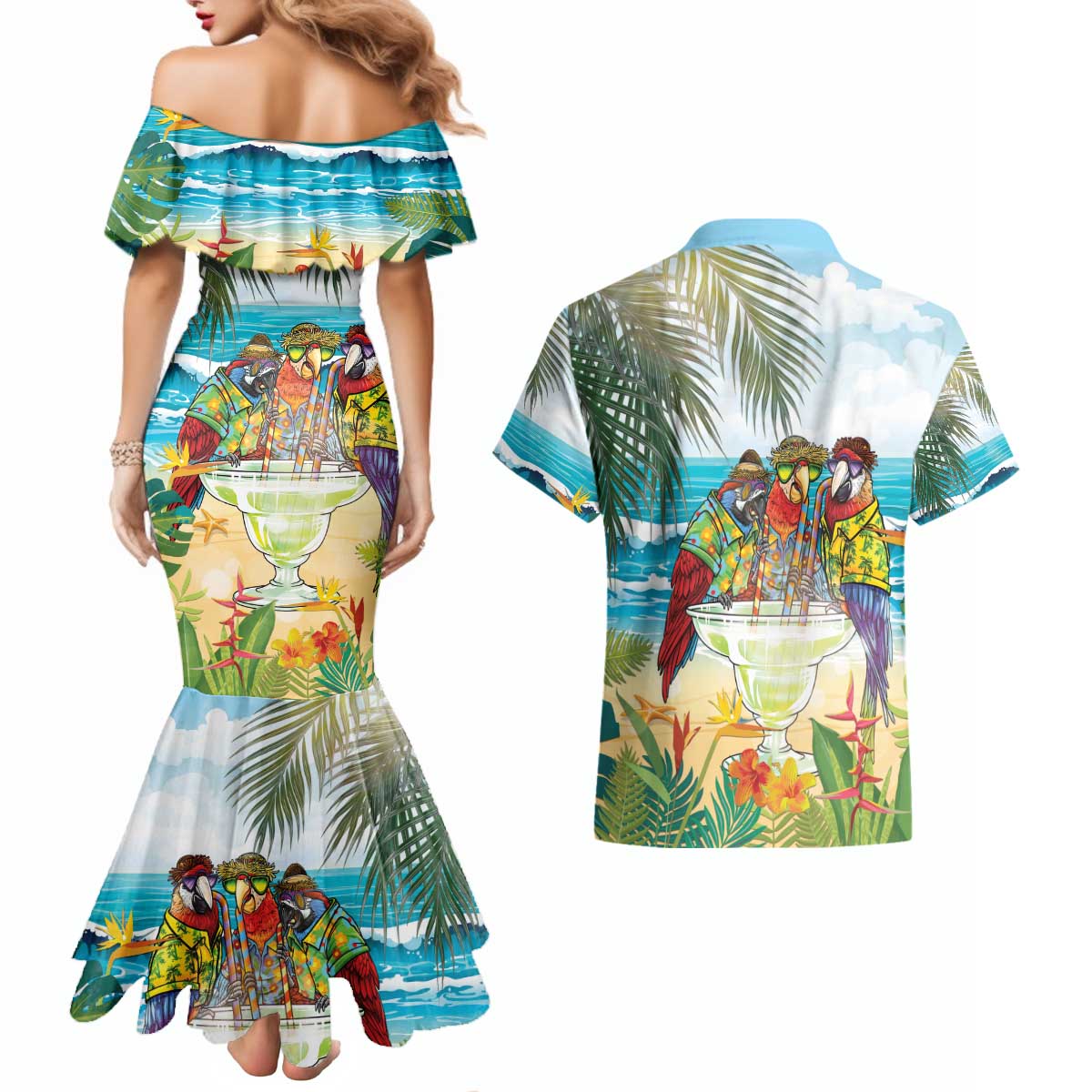 It's 5 o'clock Somewhere Couples Matching Mermaid Dress and Hawaiian Shirt Beach Party - Polynesian Pride
