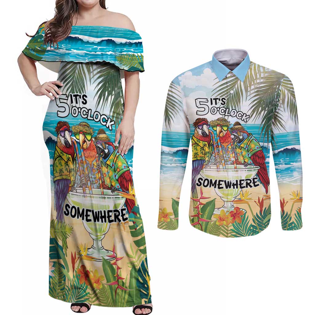 It's 5 o'clock Somewhere Couples Matching Off Shoulder Maxi Dress and Long Sleeve Button Shirt Beach Party - Polynesian Pride
