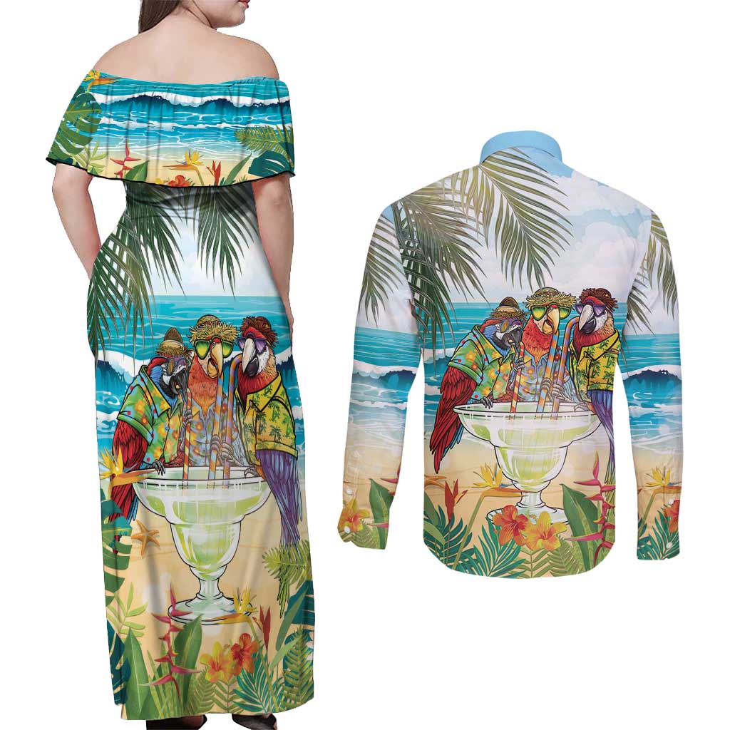 It's 5 o'clock Somewhere Couples Matching Off Shoulder Maxi Dress and Long Sleeve Button Shirt Beach Party - Polynesian Pride