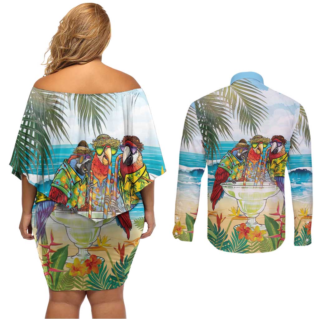 It's 5 o'clock Somewhere Couples Matching Off Shoulder Short Dress and Long Sleeve Button Shirt Beach Party - Polynesian Pride