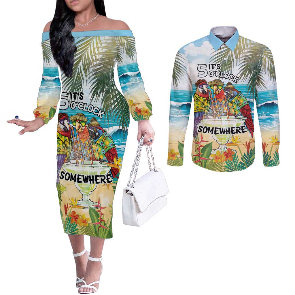 It's 5 o'clock Somewhere Couples Matching Off The Shoulder Long Sleeve Dress and Long Sleeve Button Shirt Beach Party - Polynesian Pride