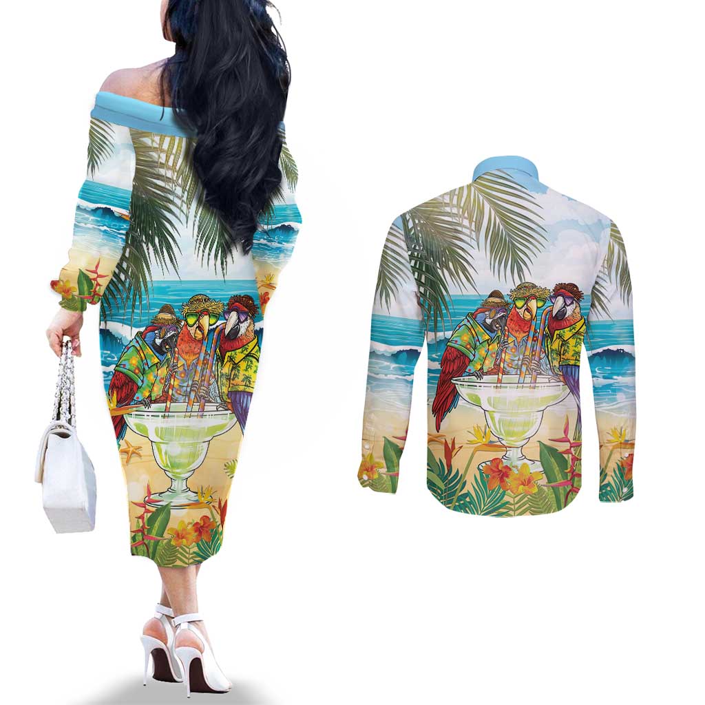 It's 5 o'clock Somewhere Couples Matching Off The Shoulder Long Sleeve Dress and Long Sleeve Button Shirt Beach Party - Polynesian Pride
