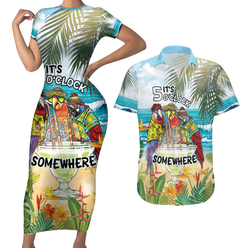 It's 5 o'clock Somewhere Couples Matching Short Sleeve Bodycon Dress and Hawaiian Shirt Beach Party - Polynesian Pride
