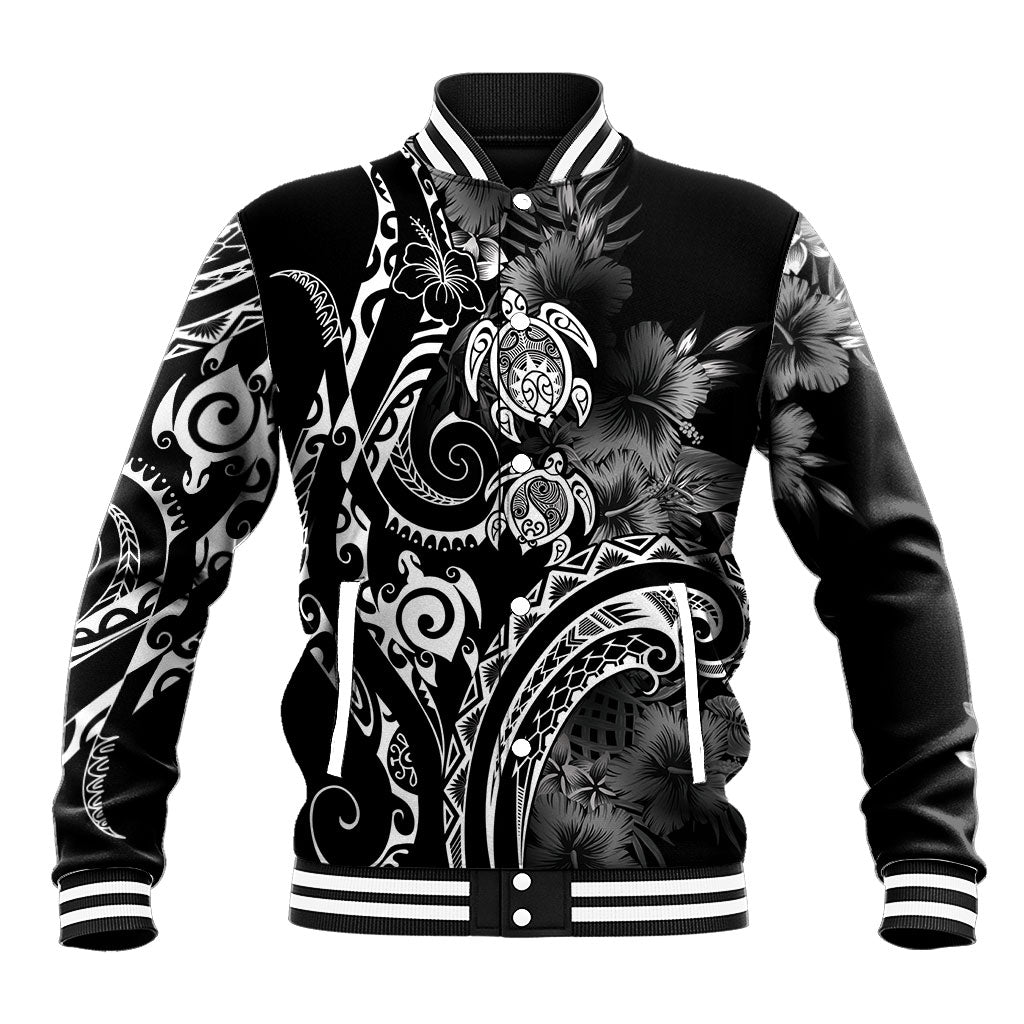 Aloha Hawaii Turtles Floral Baseball Jacket Obsidian Glaze LT7 Unisex Black - Polynesian Pride