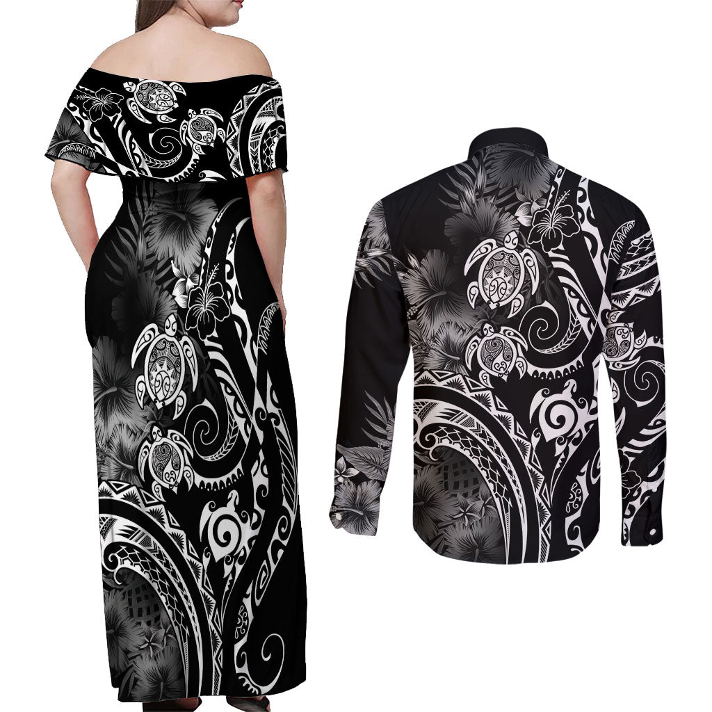 Aloha Hawaii Turtles Floral Couples Matching Off Shoulder Maxi Dress and Long Sleeve Button Shirt Obsidian Glaze LT7 - Polynesian Pride