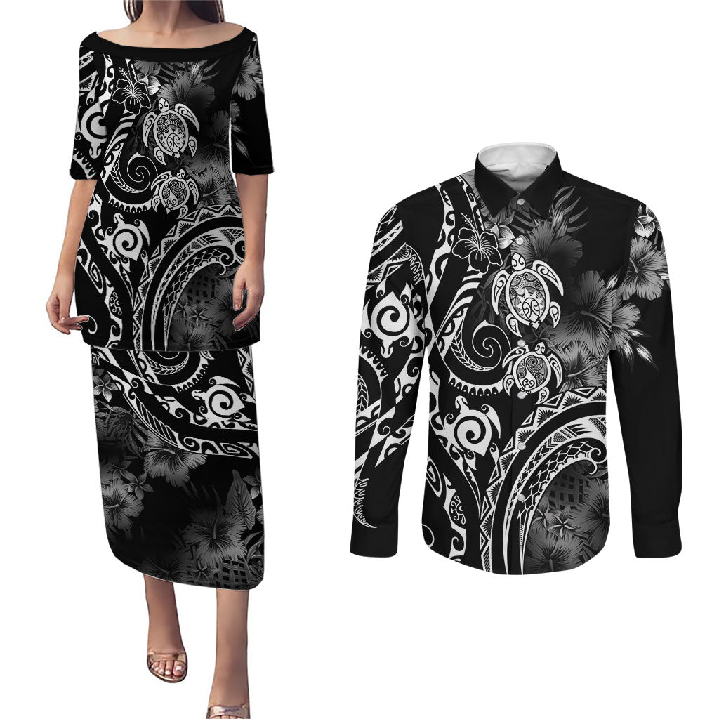 Aloha Hawaii Turtles Floral Couples Matching Puletasi and Long Sleeve Button Shirt Obsidian Glaze LT7 Black - Polynesian Pride