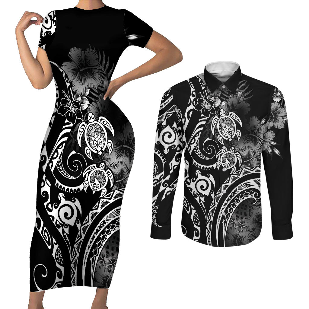 Aloha Hawaii Turtles Floral Couples Matching Short Sleeve Bodycon Dress and Long Sleeve Button Shirt Obsidian Glaze LT7 Black - Polynesian Pride
