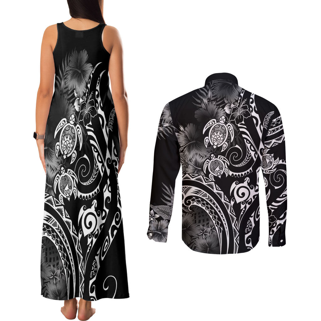 Aloha Hawaii Turtles Floral Couples Matching Tank Maxi Dress and Long Sleeve Button Shirt Obsidian Glaze